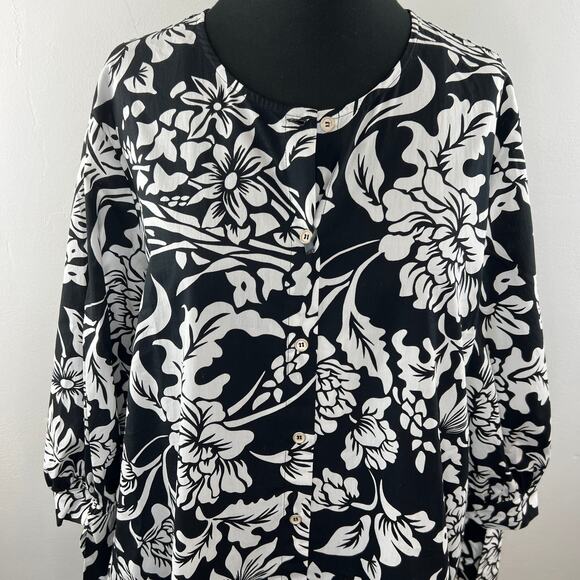PERSONA BY MARINA RINALDI Black White Floral Print Fiero Button Down Top 14 NEW - Picture 2 of 10